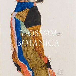May include: A watercolor painting of a person in a colorful, abstract outfit. The person is facing away from the viewer and has dark hair. The painting is titled "BLOSSOM BOTANICA".