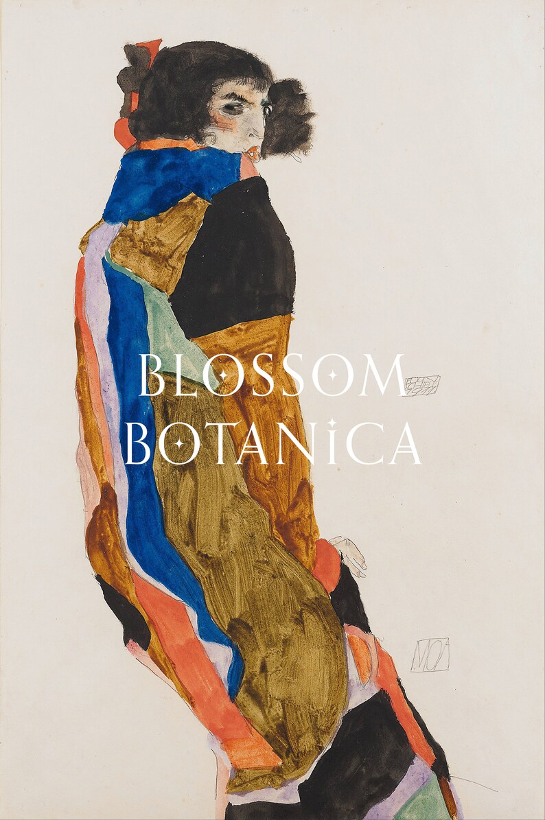 May include: A watercolor painting of a person in a colorful, abstract outfit. The person is facing away from the viewer and has dark hair. The painting is titled "BLOSSOM BOTANICA".