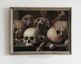 Vintage Skull Still Life, Gothic Art Print, Halloween Decor, Vanitas Still Life, Oil Painting, Dark Academia Aesthetic, Horror Art Print