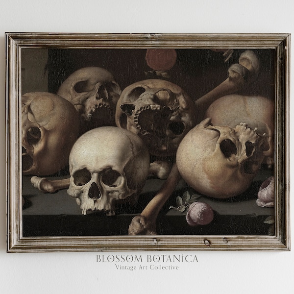 Vintage Skull Still Life, Gothic Art Print, Halloween Decor, Vanitas Still Life, Oil Painting, Dark Academia Aesthetic, Horror Art Print