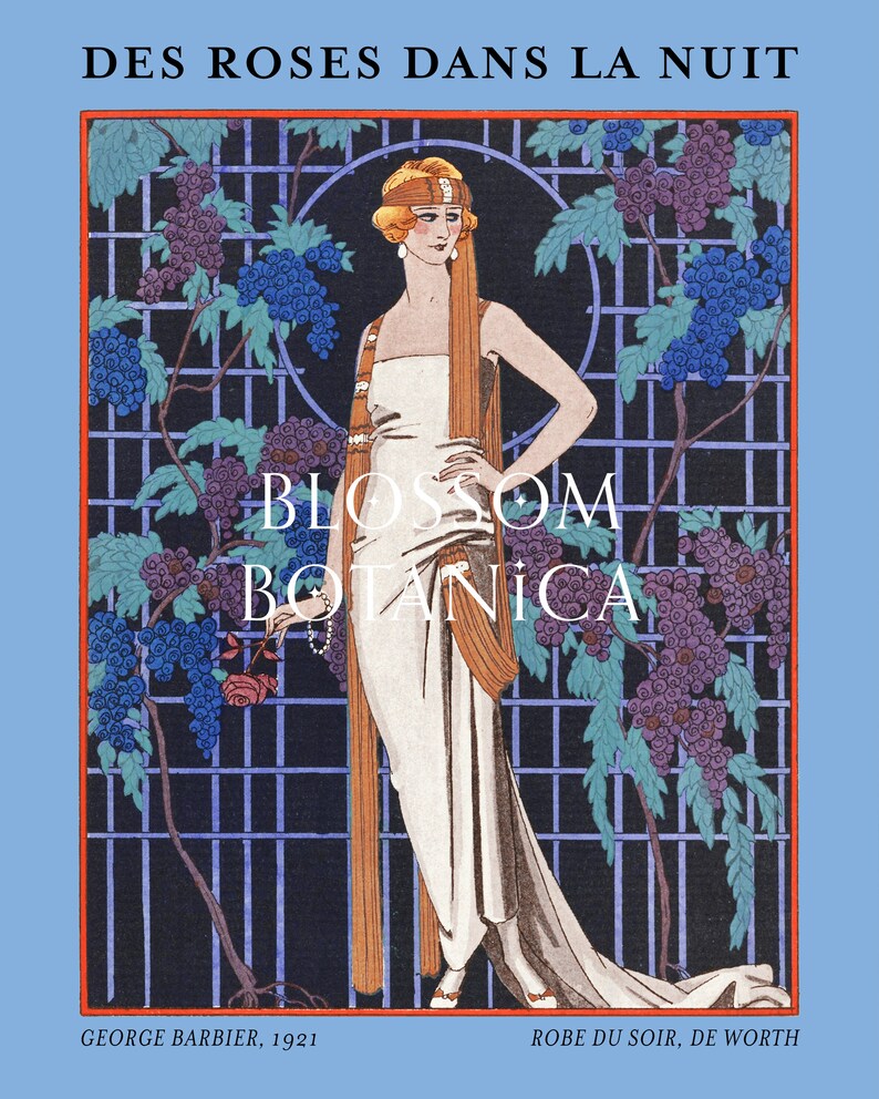 Puede incluir: Ilustraci&oacute;n art d&eacute;co titulada "Des Roses Dans La Nuit", que presenta a una mujer con un vestido blanco y pelo largo naranja, sosteniendo una rosa. El fondo incluye un enrejado con uvas azules y moradas, y el texto "Blossom Botanica".