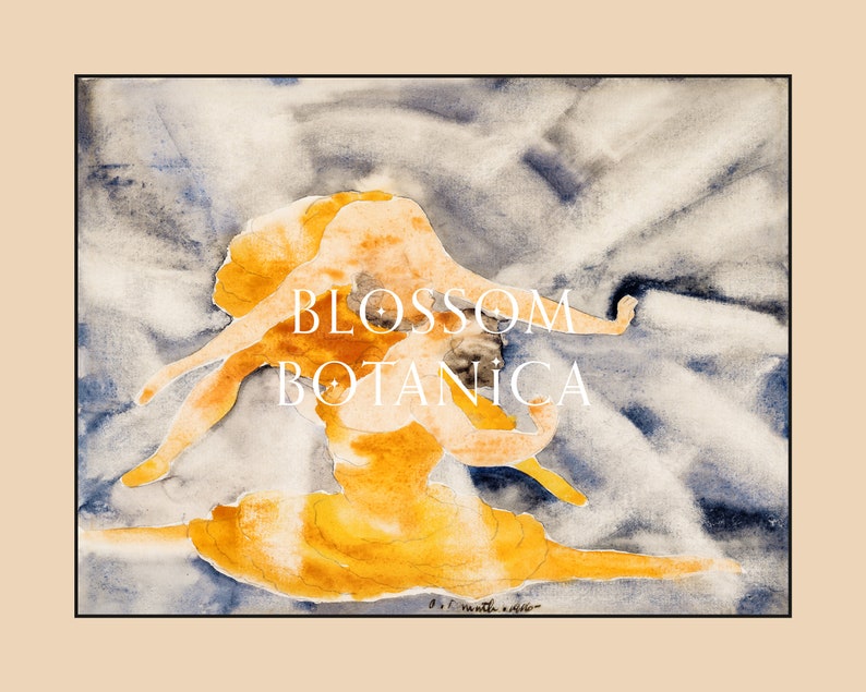 Puede incluir: Pintura a la acuarela que presenta una figura con un vestido amarillo fluido, con los brazos extendidos, sobre un fondo de aguadas azules y grises. El texto "BLOSSOM BOTANICA" est&aacute; superpuesto en blanco. La obra est&aacute; enmarcada con un borde negro.