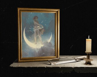 Étoiles dispersées du printemps, peinture à l’huile des années 1900, Edwin Blashfield, art païen, art de l’autel, femme nue, déesse du printemps, croissant de lune, poussière de fée