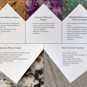 May include: Four different types of paper for printing photos and artwork: Smooth Matte Paper, Canvas-Texture Paper, PREMIUM Canvas-Texture Paper, and Real Cotton Canvas. Each paper type has a description of its features, including weight, thickness, and archival quality.