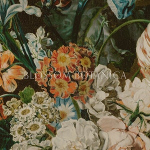 May include: A close-up of a still life painting featuring a variety of flowers in shades of white, orange, red, and blue. The flowers are arranged in a vase and include tulips, roses, and irises. The painting is set against a dark background and features the text "BLOSSOM BOTANICA".