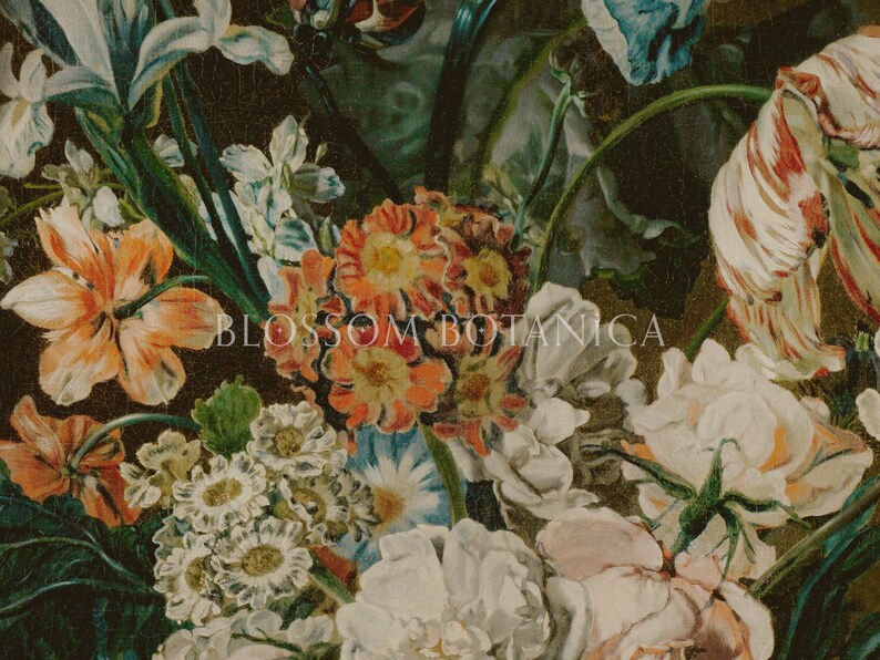 May include: A close-up of a still life painting featuring a variety of flowers in shades of white, orange, red, and blue. The flowers are arranged in a vase and include tulips, roses, and irises. The painting is set against a dark background and features the text "BLOSSOM BOTANICA".