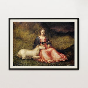 May include: Framed artwork featuring a Renaissance-style painting. A woman in a red dress and blue shawl sits with a white unicorn in a grassy field. The painting has a dark, textured background and is enclosed in a black frame.