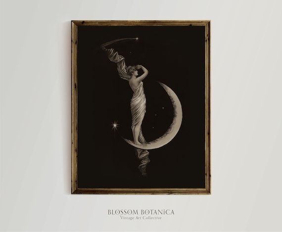 Vintage Crescent Moon Drawing Moody Night Sky Painting | Vintage