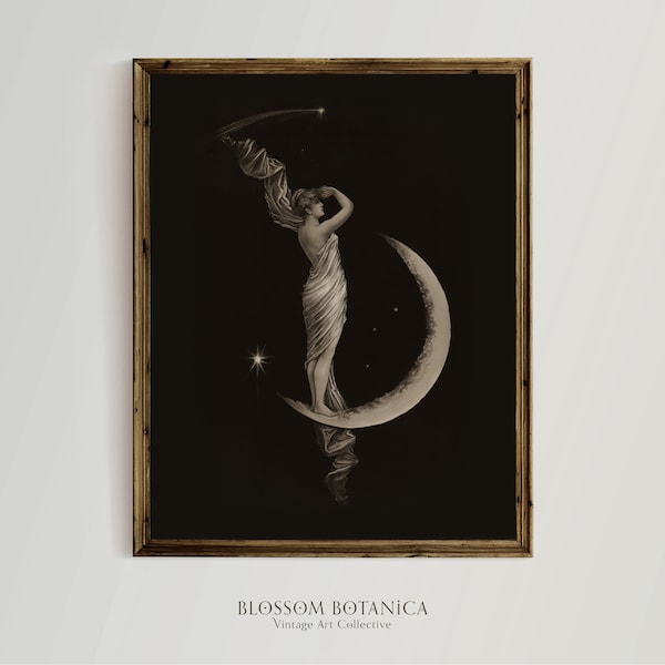 Vintage Art Nouveau Print, Vintage Moon, Crescent Moon, Vintage Poster, Moon Witch Art, Woman and Moon, Moon and Stars, Halloween Art, Dark