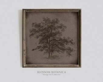 Solitary Tree Painting, Moody Landscape Art Print, Cottagecore Painting, Antique Tree Painting, Vintage Art, Large Willow Tree, Rustic Art