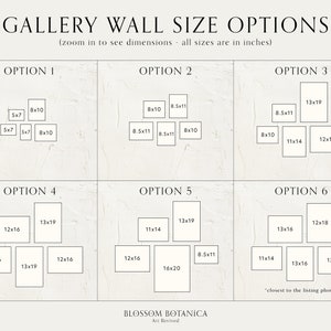 Puede incluir: Gu&iacute;a visual de opciones de tama&ntilde;o para paredes de galer&iacute;a, con seis ejemplos de dise&ntilde;o. Cada opci&oacute;n muestra la disposici&oacute;n de marcos rectangulares, con dimensiones en pulgadas. El texto incluye "OPCIONES DE TAMA&Ntilde;O DE PARED DE GALER&Iacute;A" y "BLOSSOM BOTANICA Art Revived".