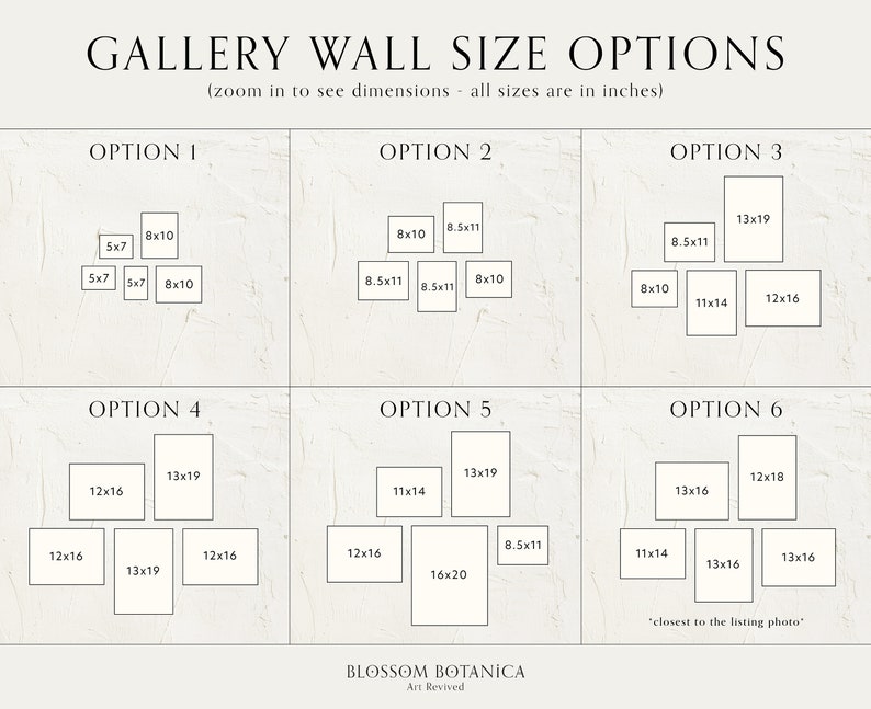 Puede incluir: Gu&iacute;a visual de opciones de tama&ntilde;o para paredes de galer&iacute;a, con seis ejemplos de dise&ntilde;o. Cada opci&oacute;n muestra la disposici&oacute;n de marcos rectangulares, con dimensiones en pulgadas. El texto incluye "OPCIONES DE TAMA&Ntilde;O DE PARED DE GALER&Iacute;A" y "BLOSSOM BOTANICA Art Revived".