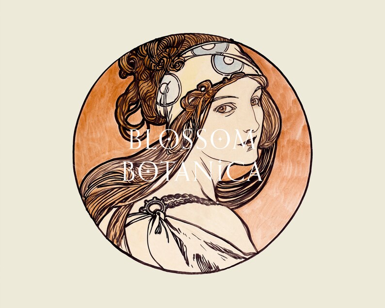 May include: A vintage illustration of a woman with long brown hair wearing a patterned headscarf. The illustration is in a circle with a peach background and the text "BLOSSOM BOTANICA" in white.