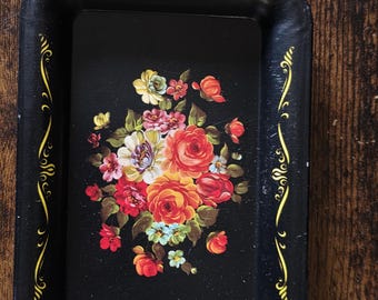 Vintage Black Toleware Floral Metal Serving/trinket Tray
