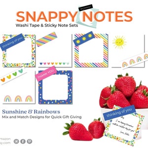 Snappy Note Sunshine & Rainbows Set 6 plaknotities en 6 washitape-rollen, betaalbare notitiekaarten, snelle en gemakkelijke notitiekaarten