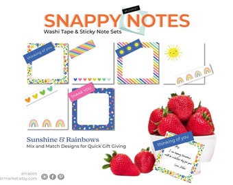 Snappy Note Sunshine & Rainbows Set 6 Sticky Notes and 6 Washi Tape Rolls, Affordable Note Cards, Quick and Easy Notecards