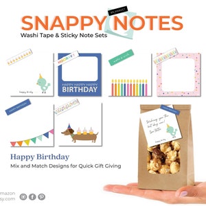 Snappy Notes Happy Birthday Set 6 plaknotities en 6 rollen washitape, betaalbare notitiekaarten, snelle en gemakkelijke notitiekaarten