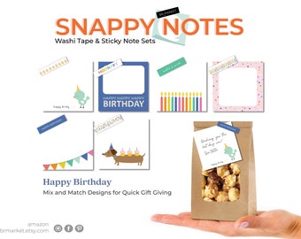 Snappy Notes Happy Birthday Set 6 Sticky Notes and 6 Washi Tape Rolls, Affordable Note Cards, Quick and Easy Notecards