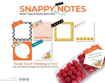 Snappy Notes Thank You & Thinking of You Set 6 Sticky Notes and 6 Washi Tape Rolls, Affordable Note Cards, Quick and Easy Notecards