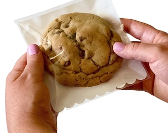 Cellophane Cookie Bags: 100 White Scallop Self Adhesive Treat Bags (5x5 Inch)