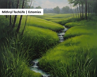 Eau courante dans les prairies - Beaux paysages, art numérique, nature, verdure, atmosphère accueillante, serein, art numérique