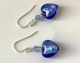 Genuine Murano glass earrings, blue heart earrings, blue Valentine's day earrings, Venetian glass earrings, dangle earrings, gift earrings,