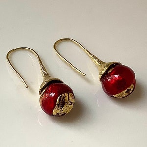 Vibrant red Murano glass earrings, Venetian bead earrings, venetian glass earrings, flower bud earrings, red earrings