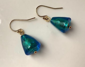 Cone shaped Murano glass earrings, Teal coloured Venetian bead earrings, drop earring, gold foil earring, blue-green earrings, blue earrings