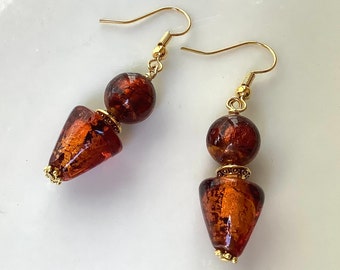 Cone shaped Murano glass earrings, amber-coloured Venetian bead earrings, drop earring, gold foil earring, brown glass earrings