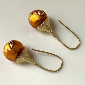 Brilliant gold glass earrings, genuine Murano glass earrings, Venetian glass earrings, flower bud earrings, drop earrings