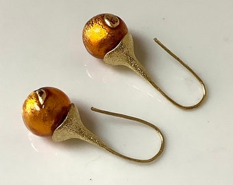 Brilliant gold glass earrings, genuine Murano glass earrings, Venetian glass earrings, flower bud earrings, drop earrings