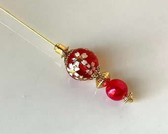 Classical vintage style clear red Tensha bead hat pin, stick pin, shawl or scarf pin, decorative pin, costume jewellery, hat accessory