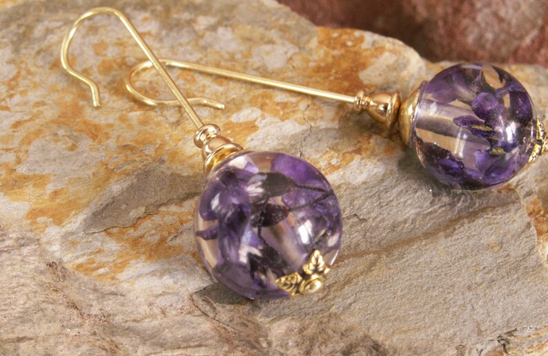 long drop earring botanical earrings flowers in resin Real flower resin earrings purple flower earrings in resin resin flower earrings