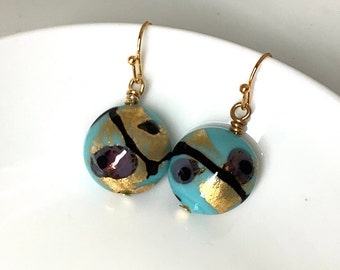 Blue Murano glass earrings, pale blue glass earrings, venetian glass earrings, disc shaped earrings, unique earrings, gold foil earrings