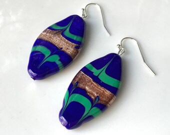 Blue Murano glass earrings, large blue striped earrings with aventurina, Venetian glass earring, oval earring, striped earring