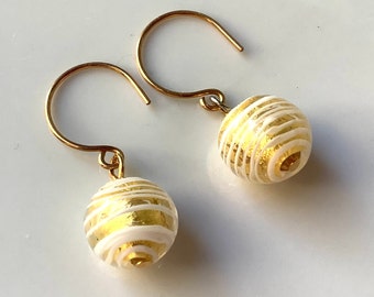 White striped earrings with real gold interior. Genuine Venetian bead earrings, wedding earrings,  unique earrings, round earrings