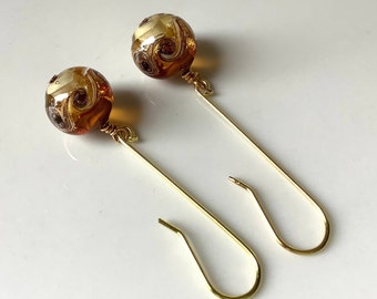 Topaz with aventurina and 24kt gold foil mare Murano glass earrings, Venetian glass earring, golden brown ocean earring, Christmas gift idea