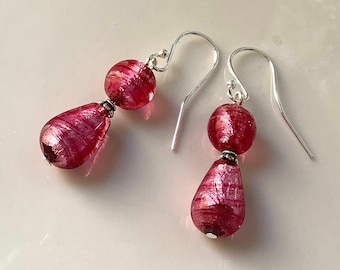 Gorgeous pink teardrop earrings, Murano glass earrings, Venetian bead earrings, drop earring, teardrop earrings, silver foil earrings