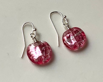 Pink Murano glass earrings, Venetian glass earrings, coin earrings, drop earrings, vibrant earrings