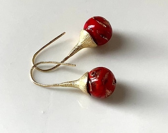 Vibrant red Murano glass earrings, Venetian bead earrings, venetian glass earrings, flower bud earrings, red earrings