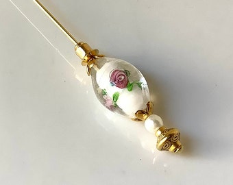 Vintage style stick pin, pink rose stick pin, white hat pin, scarf pin, classic style pin, decorative pin, costume jewellery, Christmas gift