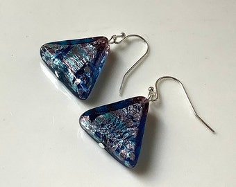Blue purple Murano glass earrings, Venetian glass earrings, silver foil earrings, unusual colour earrings, triangle earrings, blue earrings