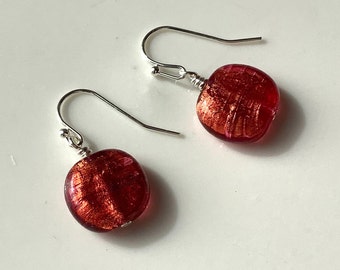 Red orange pink Murano glass earrings, Venetian glass earrings, red earrings, coin earrings, round earrings, drop earrings