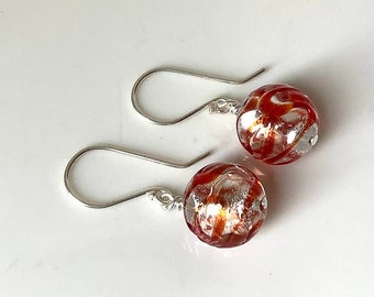 Genuine Murano glass earrings, silver and red earrings, Venetian glass earrings, silver foil earrings, unique drop earrings, dangle earrings