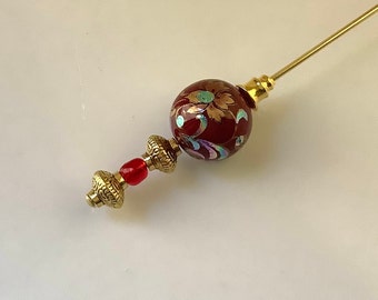 Classical vintage style red Tensha bead hat pin, stick pin, shawl or scarf pin, decorative pin, costume jewellery, hat accessory