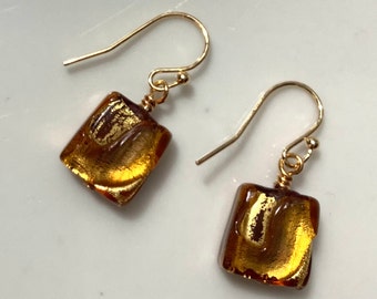 Square earrings, gold earrings, genuine Murano glass earrings, glass earrings, 18K gold foil, Valentine gift, geometric earrings