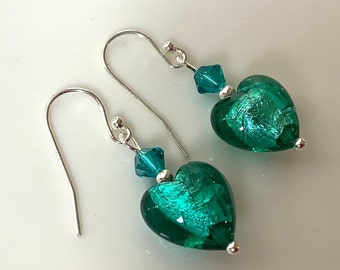 Genuine Murano glass earrings, teal coloured heart earrings, green earrings, Venetian glass earrings, dangle earrings, gift earrings