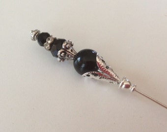 Vintage style shawl pin, stick pin, hat pin, scarf pin, black crystal style pin, decorative pin, costume jewellery, hat jewellery, accessory