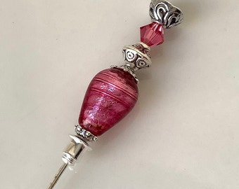 Vintage style stick pin, genuine Murano glass stick pin, pink hat pin, scarf pin, classic style pin, decorative pin Venetian glass stick pin