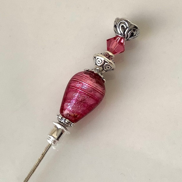 Vintage style stick pin, genuine Murano glass stick pin, pink hat pin, scarf pin, classic style pin, decorative pin Venetian glass stick pin
